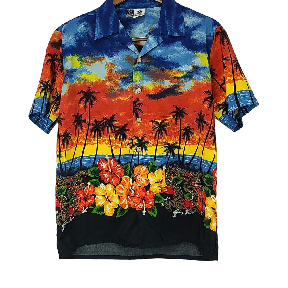 Kennington Hawaiian Sunset Orange Short Sleeve Hibiscus Dragons Vintage1990's
